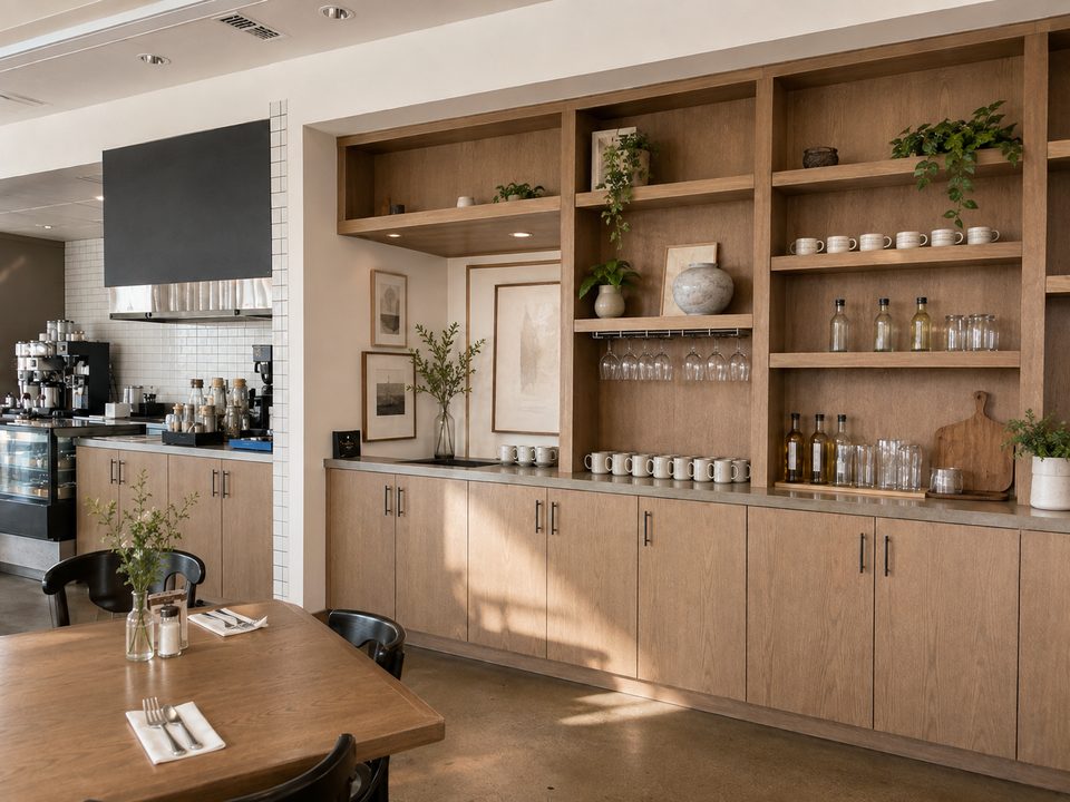 Cafe back bar casework with open display shelving above a closed service counter