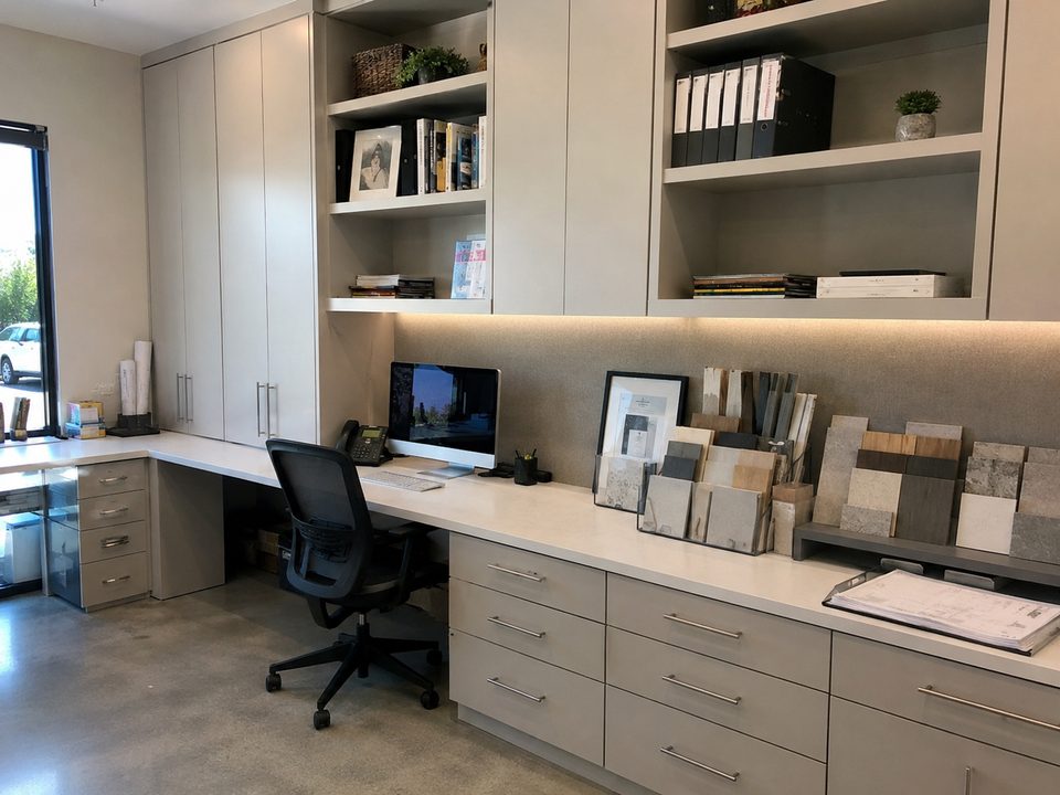Commercial office workstations with a continuous desk run, upper storage, and a sample display wall