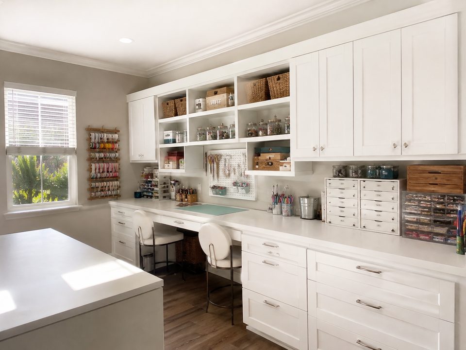 Craft room cabinets with a work counter, drawer storage, and open upper shelving