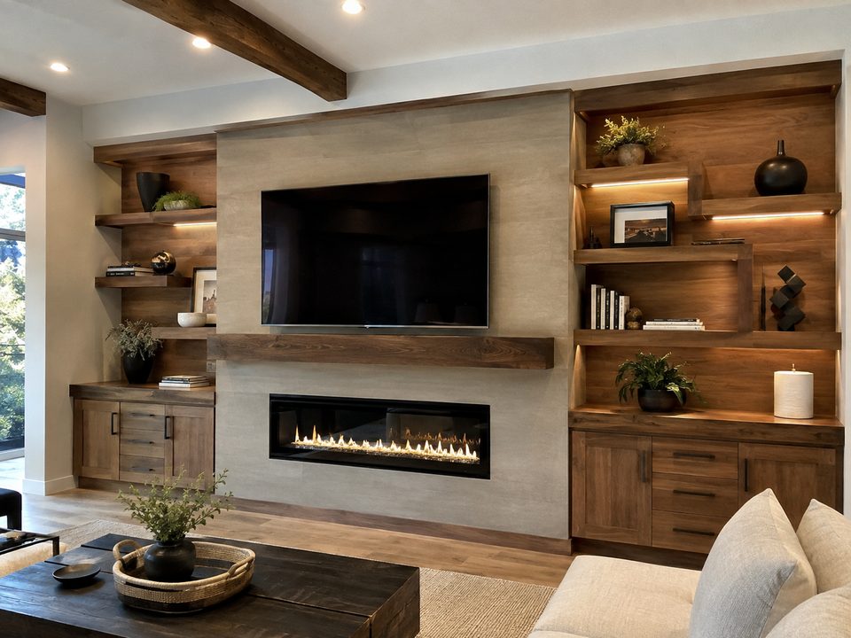 Walnut entertainment center built around a linear fireplace with lit display shelving