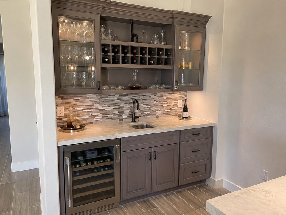 Wet bar cabinets with a stone countertop, tile backsplash, and an undercounter wine fridge